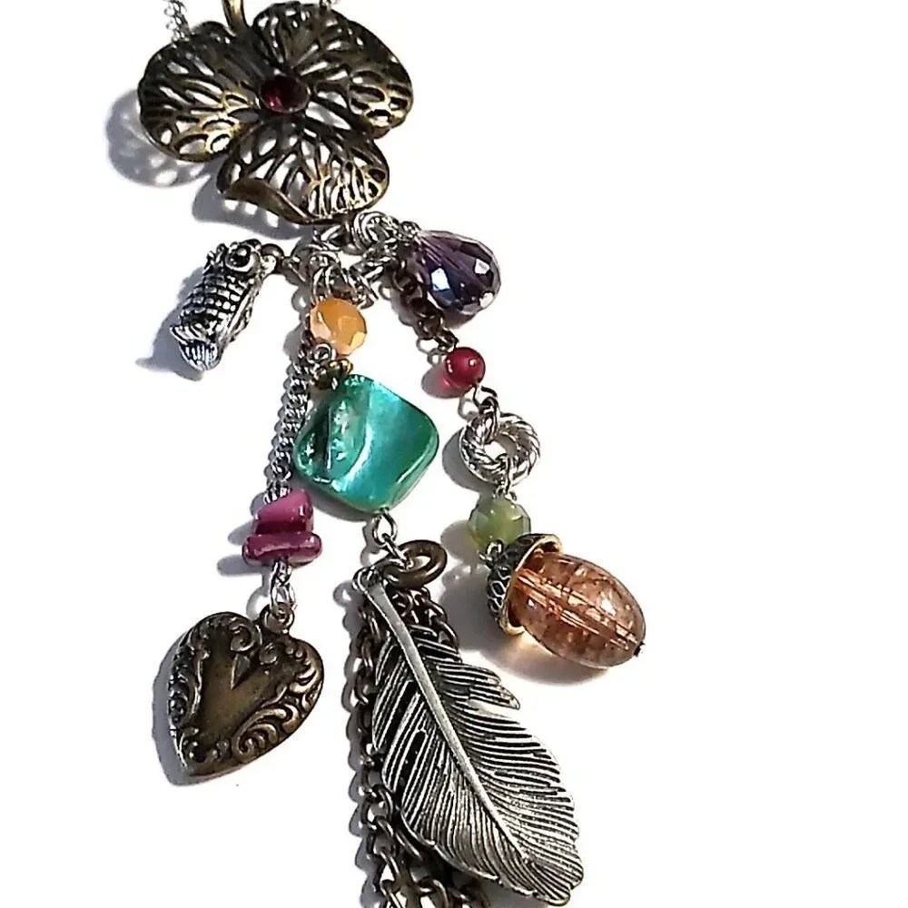 M&S Long Boho Charm Necklace Mixed Metals Colorful Beads Nature-Inspired Dangles